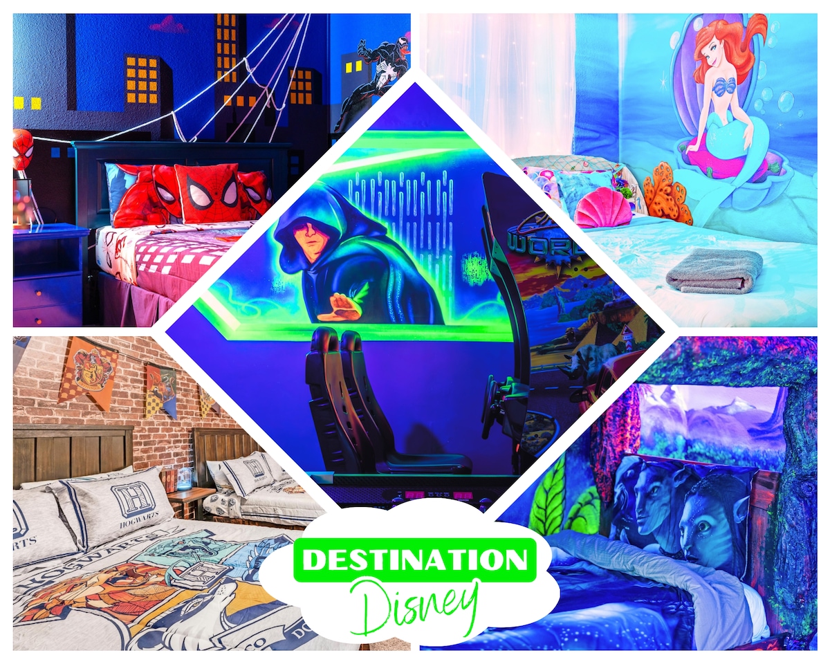 A vibrant collage showcases four themed bedrooms. Features include a Spiderman bedspread, a bright under-the-sea mural with Ariel, Harry Potter decor with wands, and a forest setting from Avatar. Each room is designed to immerse guests in a magical experience.