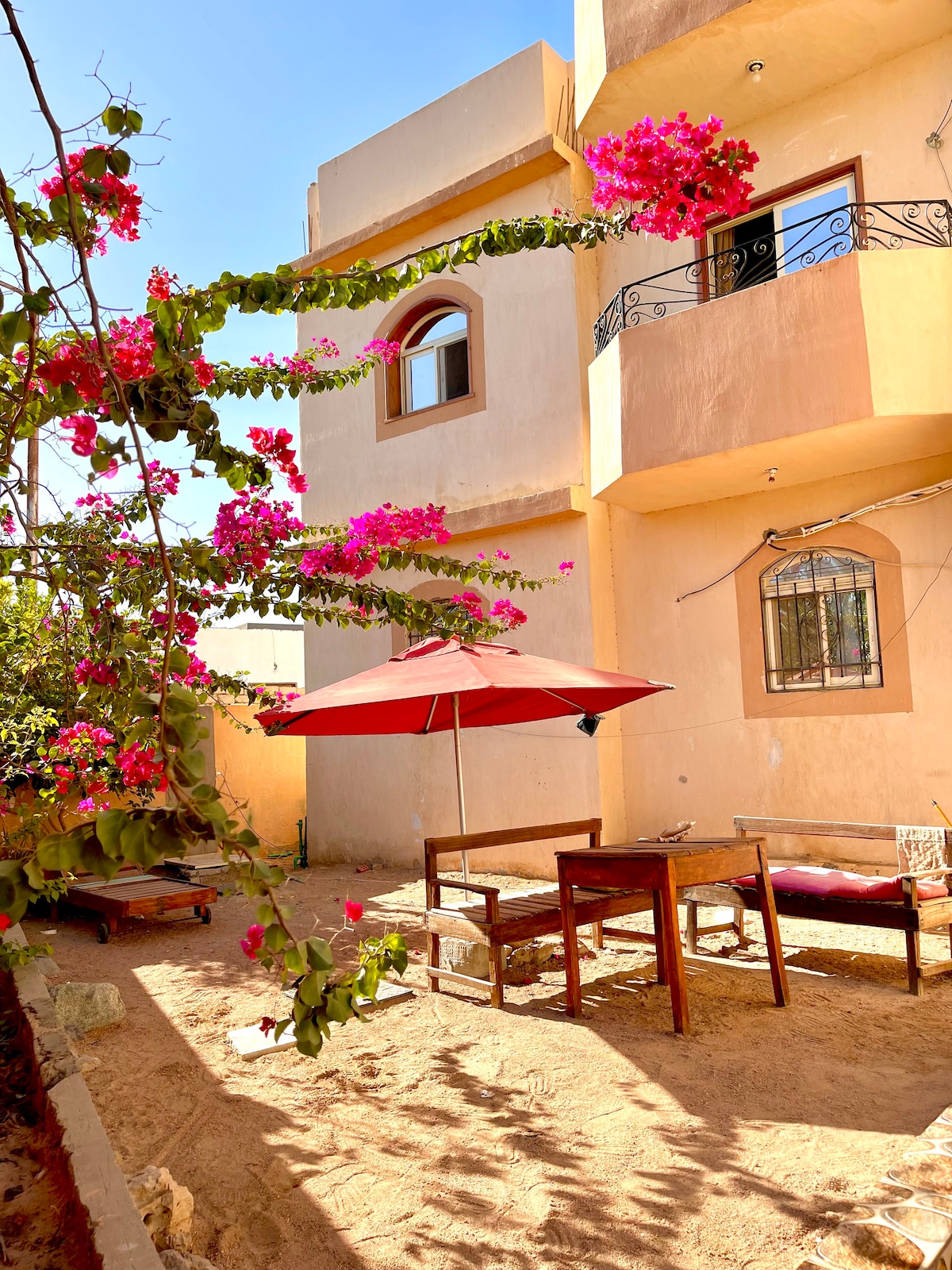 A communal garden area is showcased, featuring a large umbrella providing shade over a wooden table and benches. Vibrant pink bougainvillea blooms add a touch of color against the sandy ground and exterior walls, creating a serene outdoor setting for relaxation.