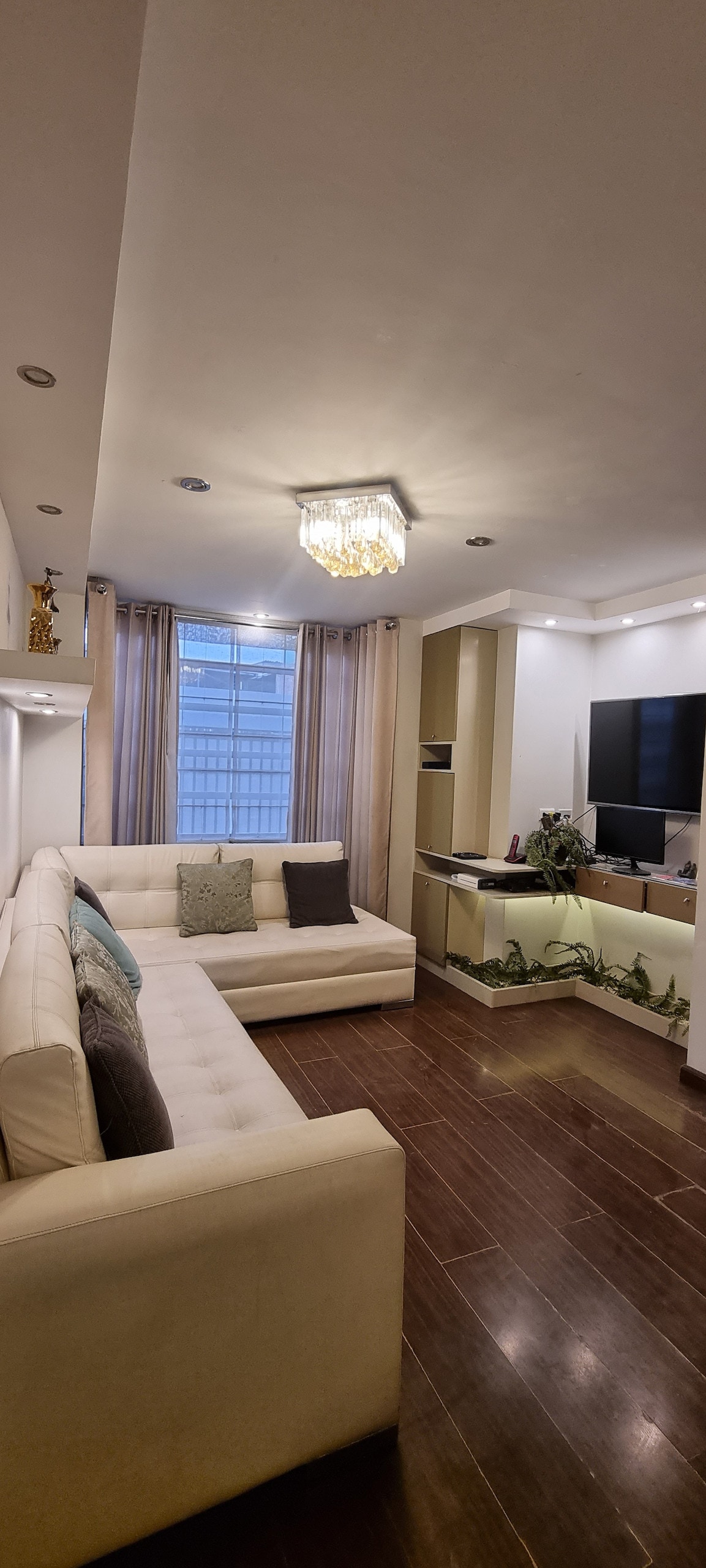 A modern living area features a light-colored sectional sofa arranged against a wall, complemented by decorative cushions. Large windows are dressed with sheer curtains, allowing natural light to fill the space. A wall-mounted television is positioned above a low media console, with plants adding a touch of greenery.