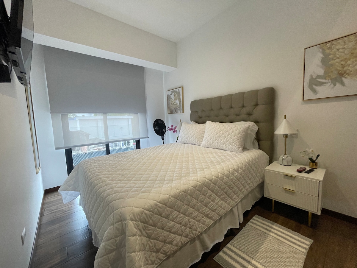 The bedroom features a spacious bed with a tufted headboard and a light-colored quilt. A small bedside table holds a lamp and a potted plant. Natural light enters through a large window with light gray shades, while a flat-screen TV is mounted on the wall.