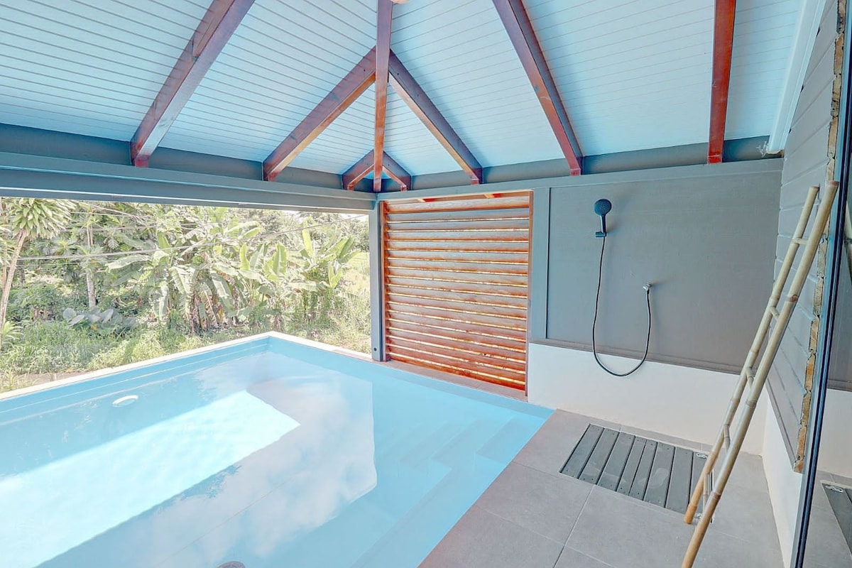 A modern space features a heated saltwater pool under a sloped ceiling with wooden beams. Surrounding greenery is visible through large openings, enhancing the connection with nature. An outdoor shower is situated next to the pool, complemented by natural wood elements.