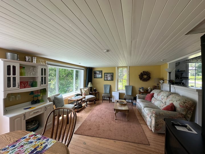 The back living room faces the lake and is perfect for lounging on the couch and watching the birds in the garden. The back living room is open to the dining room and the kitchen, and includes the cast iron gas stove.