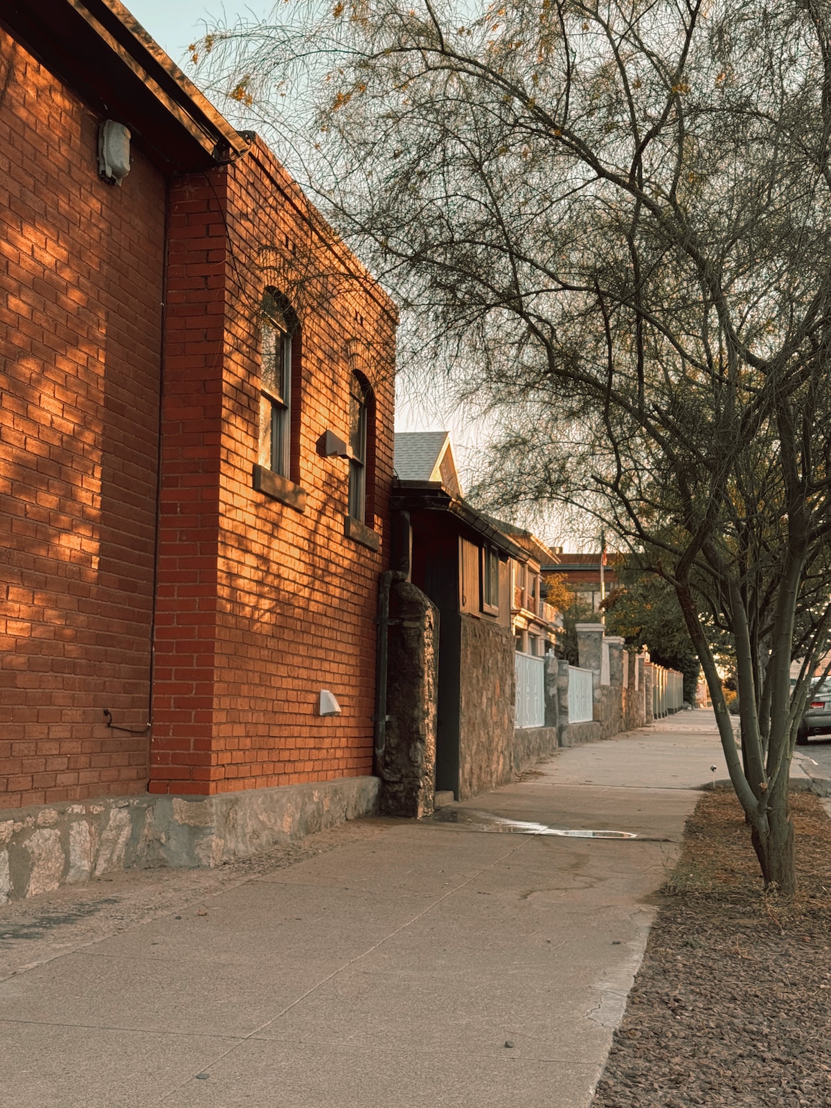A view of a pedestrian sidewalk lined with trees, leading toward a series of brick and stone buildings. The warm light of the setting sun highlights the textured surfaces and arched windows of the structures, creating an inviting street scene.