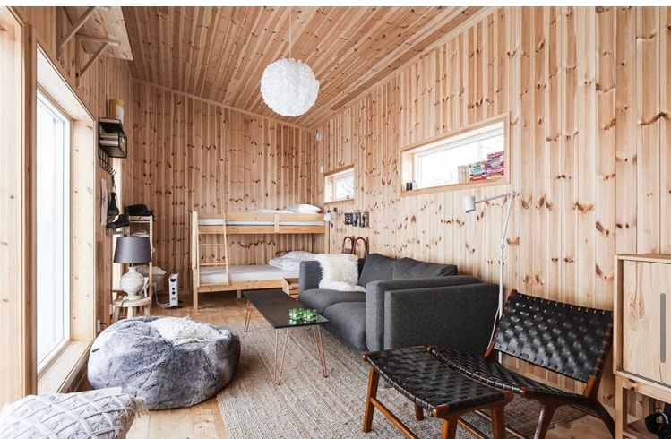 A well-lit living area showcases natural wood walls and a high ceiling. A cozy sofa sits beside a dark wooden coffee table, while a stylish woven chair and a soft seating pouf add comfort. A bunk bed is positioned in the corner, enhancing space efficiency.