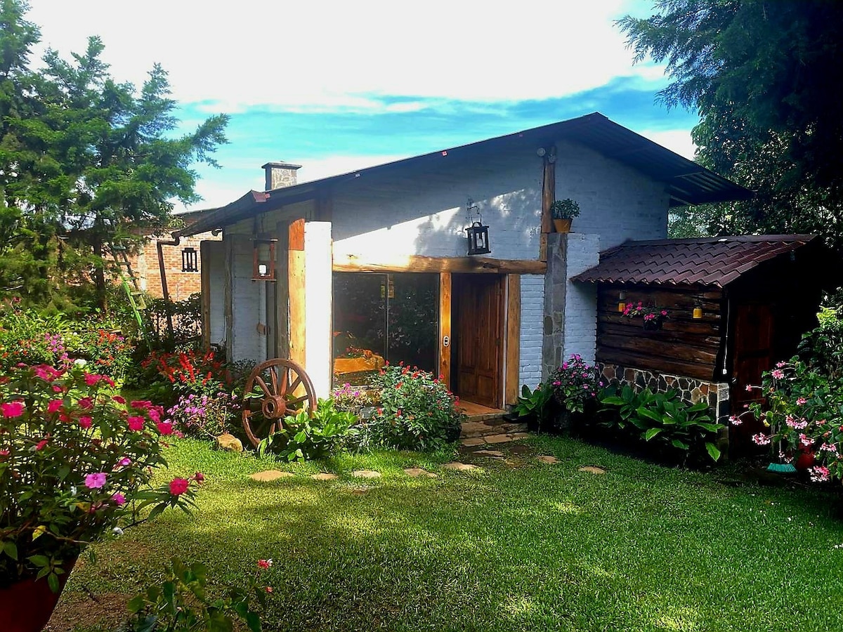 A charming cabin is surrounded by vibrant gardens filled with colorful flowers. The exterior features a rustic wooden door and windows, complemented by a stone pathway leading to the entrance. Lush greenery and a tranquil atmosphere create a welcoming outdoor space.