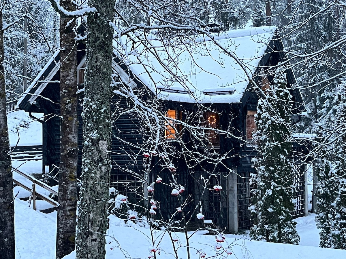 A traditional log cabin is surrounded by a snowy landscape, with trees partially obscured by snow. Warm light glows from the windows, providing a comforting contrast to the winter scenery. Snow rests gently on the roof and branches, creating a serene and inviting atmosphere.