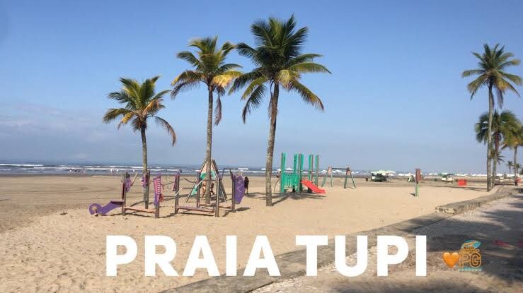A sandy beach scene is depicted, featuring palm trees swaying gently in the breeze. A playground with colorful structures is visible, offering recreational opportunities. The ocean stretches out in the background, alongside beachgoers and distant vehicles parked along the shore.