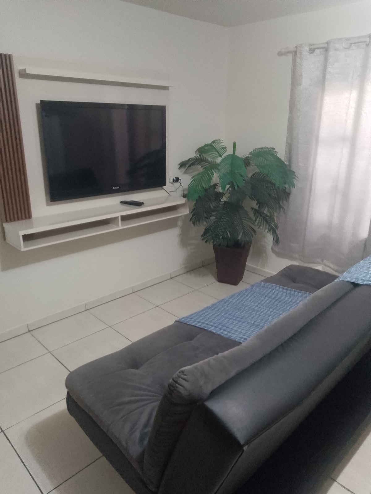 A living area is presented with a dark sofa positioned in front of a mounted flat-screen TV. A decorative potted plant adds a touch of greenery, while light curtains soften the natural light coming through the window.