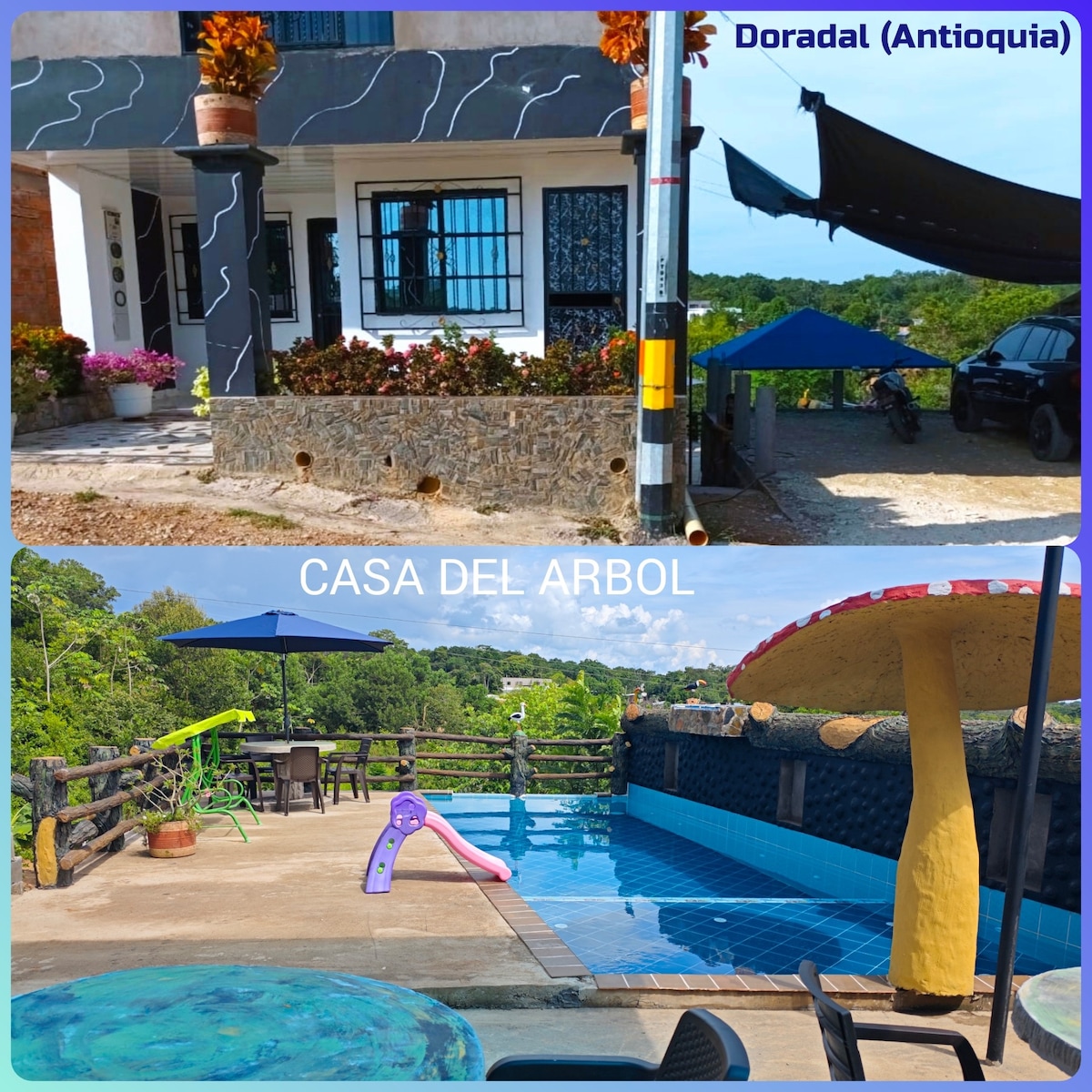 A two-part view of the property shows the entrance of a cozy treehouse-style apartment and a colorful outdoor pool area. The pool features vibrant seating, a playful mushroom-shaped umbrella, and is surrounded by lush greenery, contributing to a tranquil setting.