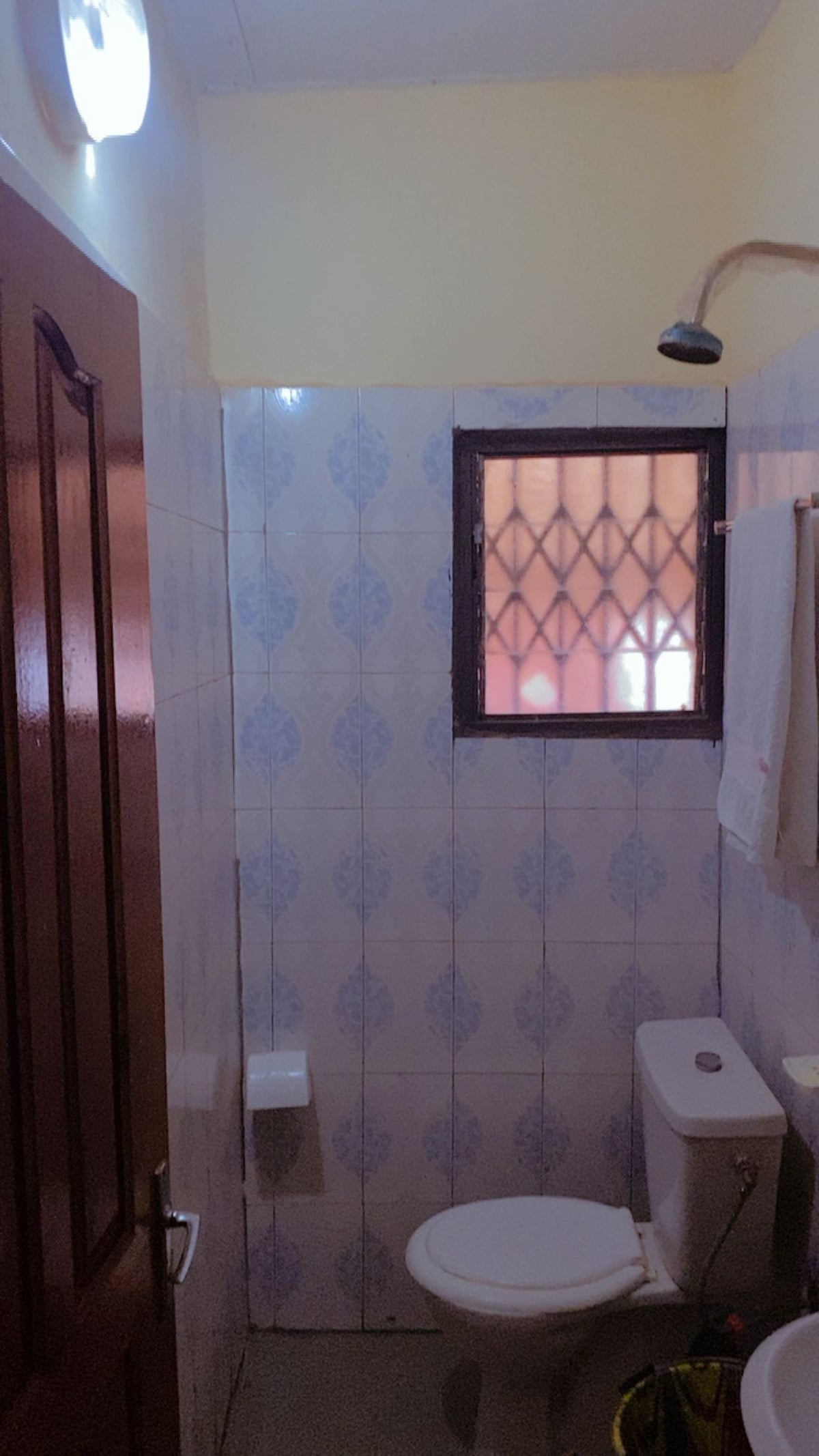 The bathroom features tiled walls with a delicate blue pattern. A showerhead is mounted above, while a window with security bars allows natural light to enter. A toilet and a small sink are positioned for convenience, complemented by neatly hung towels.
