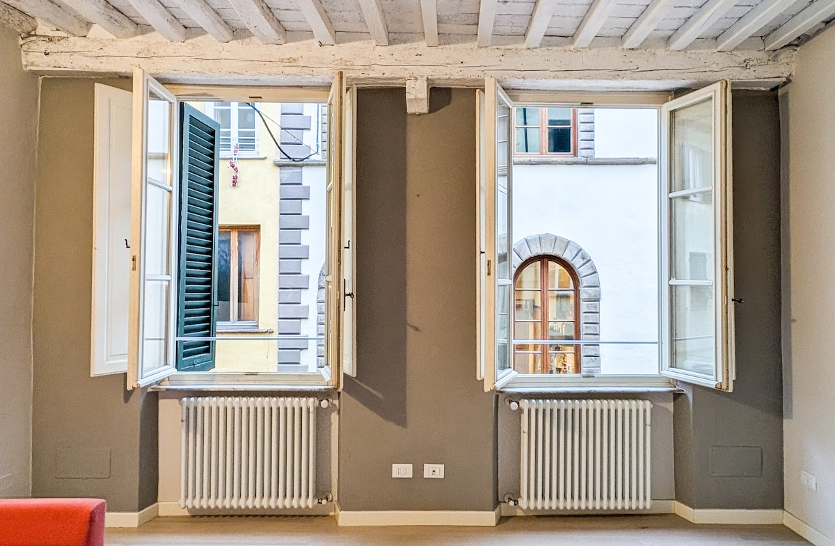 Two large windows frame the room, allowing natural light to enter. Each window features wooden shutters, with one showcasing a view of the vibrant street outside. Elegant radiators are positioned beneath each window, contributing to the room's historic charm.