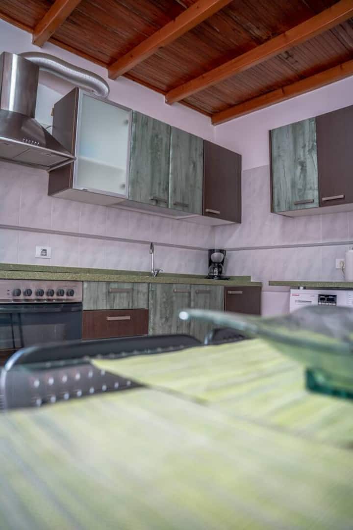 Cocina con techo de madera, campana y vitrocerámica: totalmente equipada y con mucho encanto.