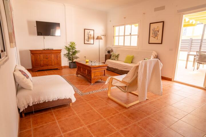 Salón-estar con TV, sofá y salida a la terraza: la estancia principal, cálida y muy luminosa.