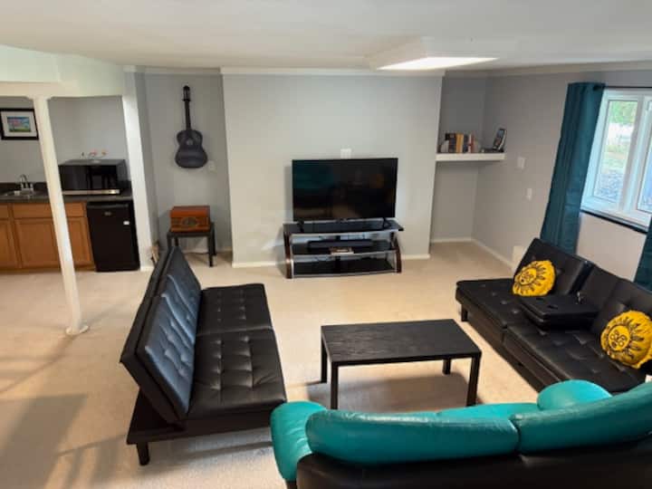 Chumba cha chini cha familia.  Televisheni ya Roku, meza ya mchezo, friji, mikrowevu, sinki