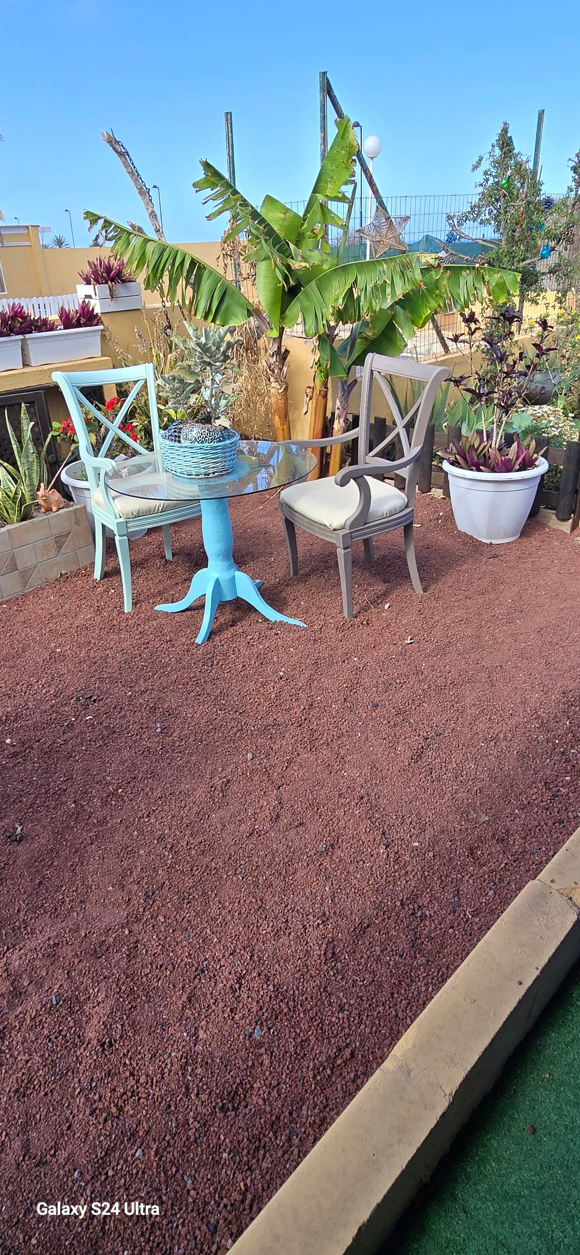 An outdoor space features a small round table paired with two chairs, one of which is painted blue. Surrounding greenery includes potted plants and trees, contributing to a relaxed garden atmosphere. The ground is covered with reddish gravel, creating a natural setting.