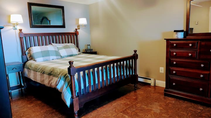 Bedroom #3. Downstairs in daylight basement. Direct access sliders to the patio and view of the lake. 1 Queen bed (60"x80"). 2 dressers, 2 nightstands, 1 closet. Bedroom is 10' x 15', with an additional 7'x12' reading nook. No TV, but great view! 