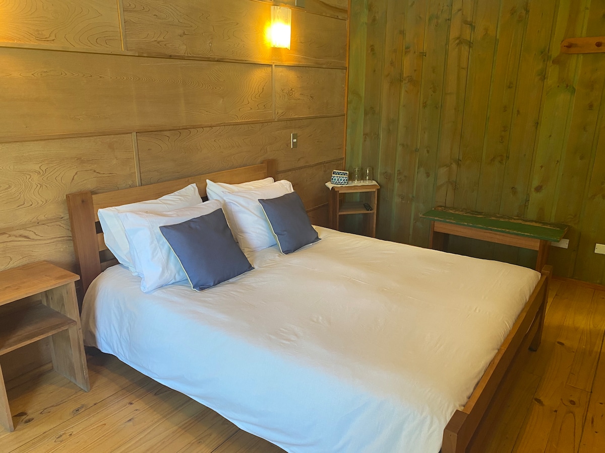 A spacious bed is centered in the room, featuring crisp white linens and two decorative pillows. Light wood paneling creates a natural atmosphere. A small table and two nightstands frame the bed, with a wooden countertop featuring greenery against the far wall.