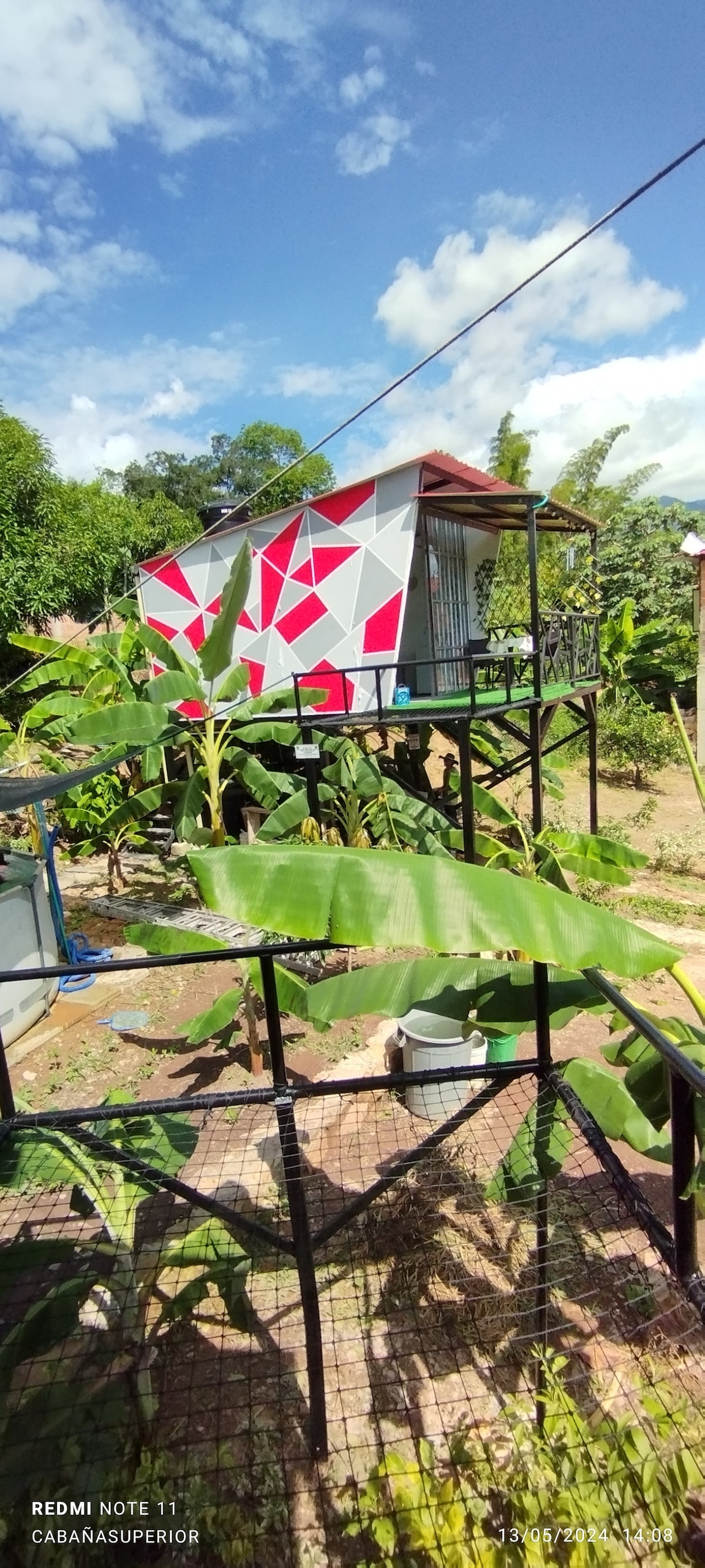 A contemporary cabin is elevated on stilts, featuring a vibrant geometric design in red and gray. Surrounding greenery includes large banana plants and other vegetation, enhancing the natural setting. A stone pathway leads from the cabin through the outdoor space, providing a pleasant connection to the surroundings.
