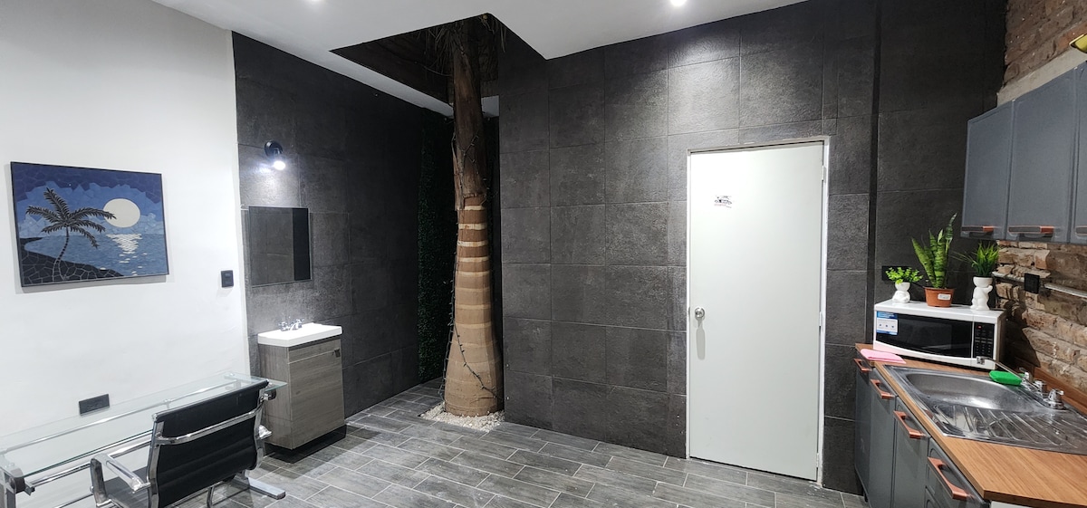An indoor space features a modern kitchen area with a stainless steel sink and cabinets. A unique tree element is integrated into the design, surrounded by stone tiles. A small dining table with transparent chairs and wall art depicting a palm tree add character to the room.
