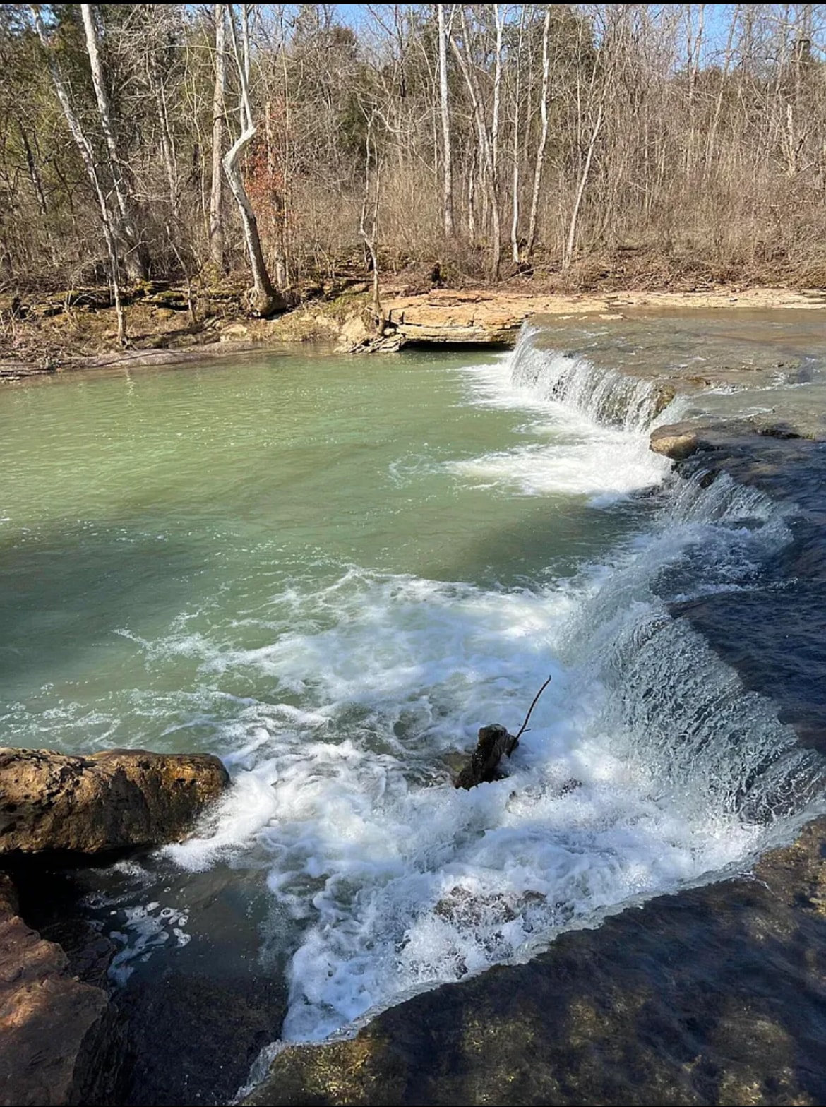 A gentle waterfall cascades over rocky ledges into a clear, greenish-blue pool below. Surrounded by bare trees and uneven terrain, the scene evokes a sense of natural tranquility, with the water creating ripples and a soft sound as it flows.
