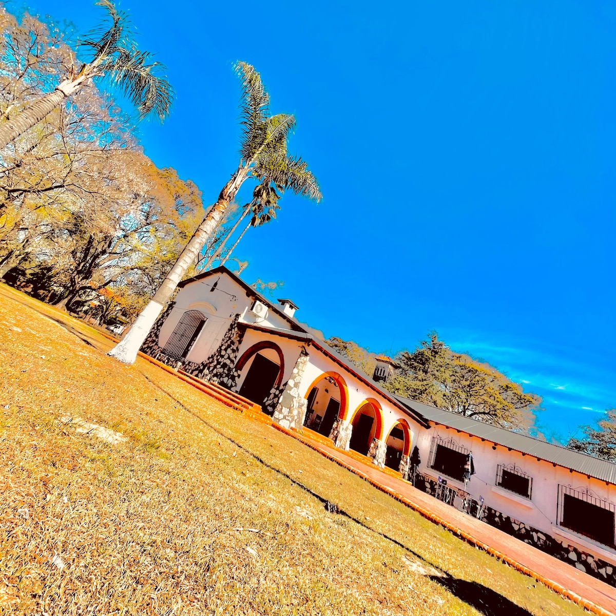 A charming structure with a vibrant blue sky overhead is framed by tall palm trees. The building showcases arched doorways and a stone facade, set against a grassy expanse that invites relaxation in a serene outdoor environment.