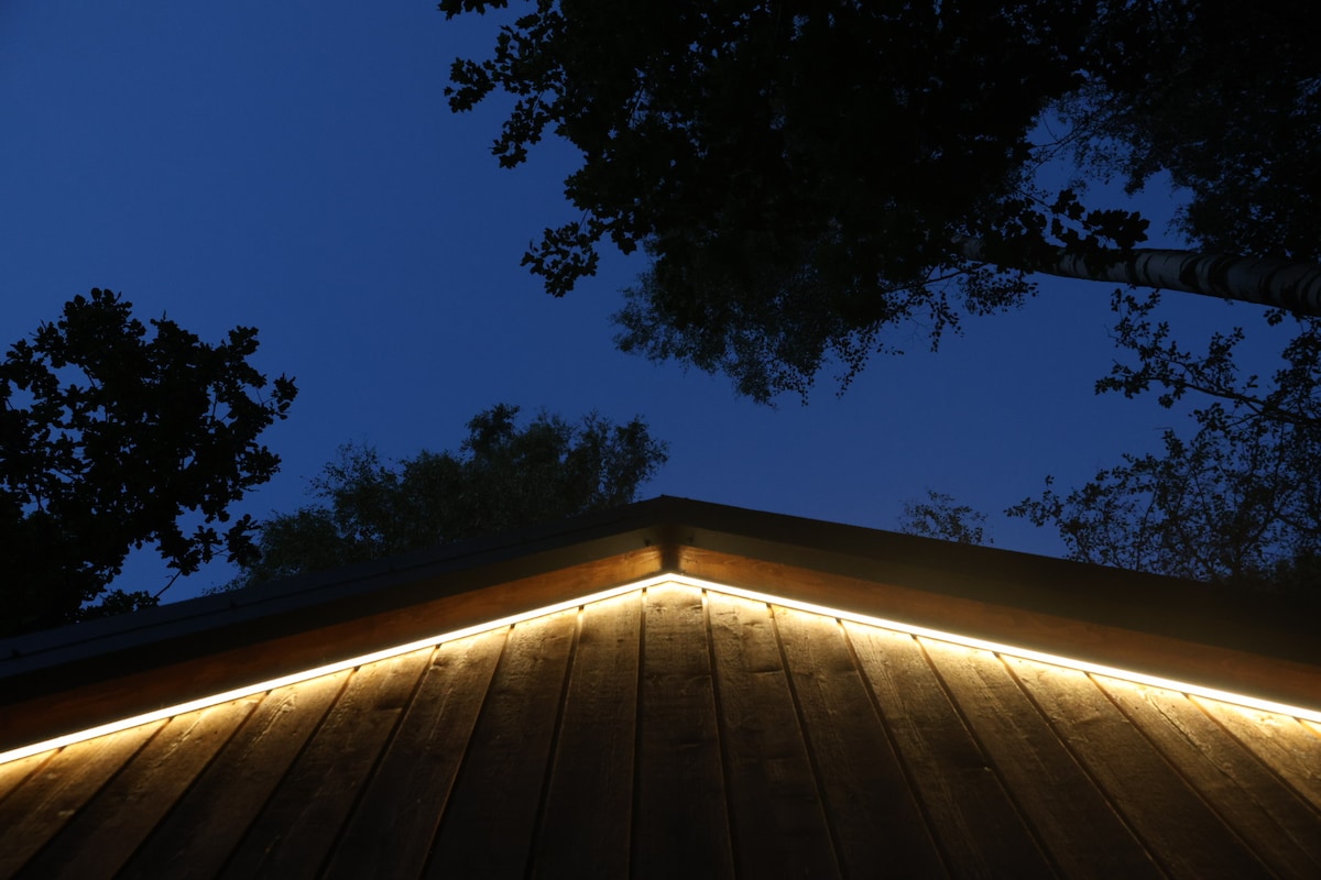 The image captures the corner of a cabin roof at dusk, adorned with warm, subtle lighting along the edges. Above, a deep blue sky is visible, framed by the outlines of surrounding trees, contributing to a serene, natural ambiance.