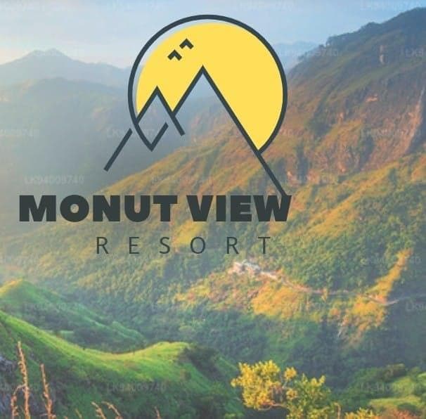 The logo of the Mount View Resort is displayed over a stunning mountain landscape. Lush green hills rise gently under a bright yellow sun, creating a serene backdrop. The resort's name is prominently featured at the bottom, blending harmoniously with the natural scenery.