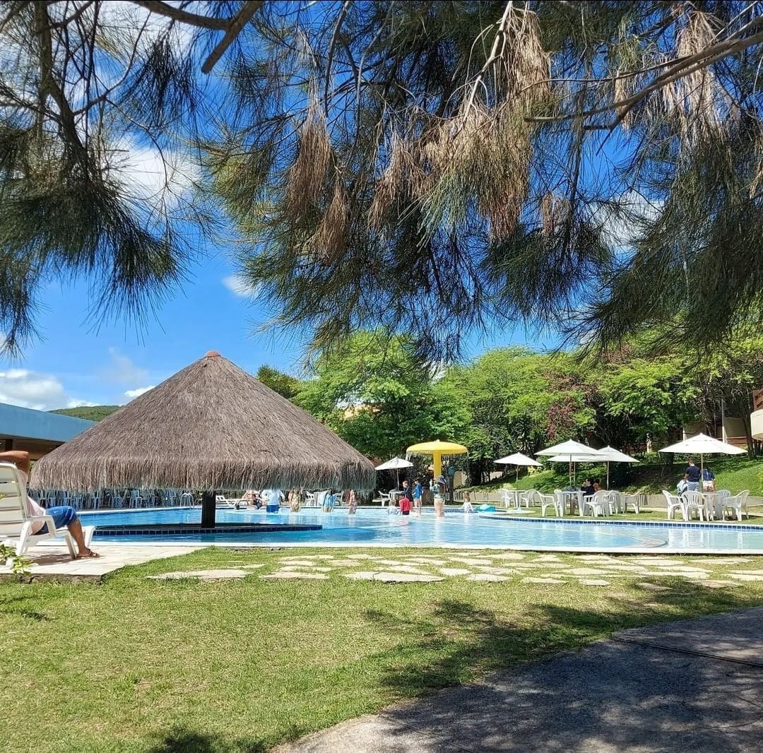 A spacious pool area is surrounded by lush greenery and sunny skies. Comfortable lounge chairs are arranged along the edge of the pool, with a thatched-roof gazebo providing shade. Umbrellas offer additional cover for relaxing guests by the tranquil water.