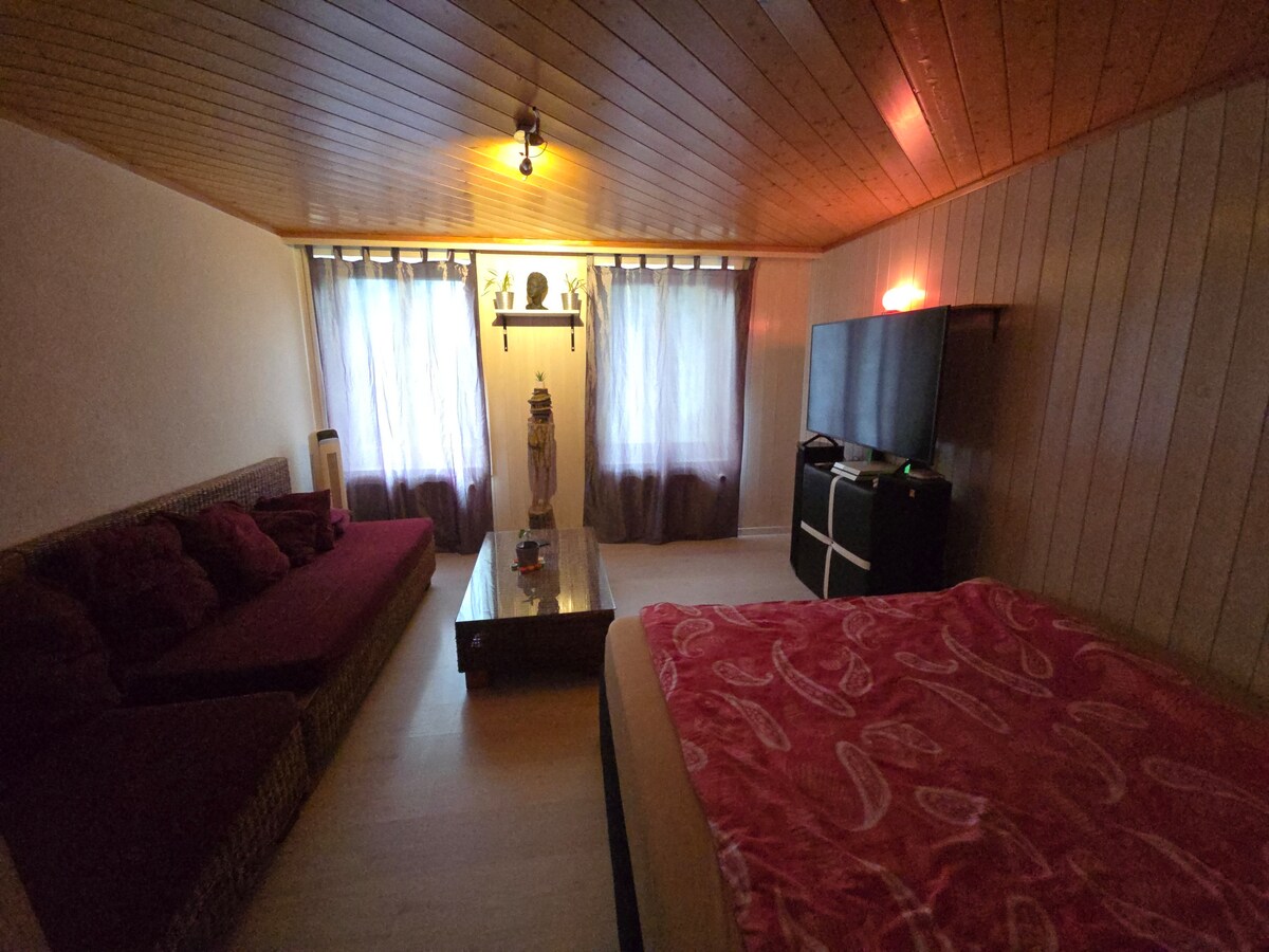 A cozy room features a spacious bed covered with a bright red blanket. A seating area with plush cushions complements a glass coffee table, while light filters through sheer curtains. A large TV is positioned against the wall, enhancing the comfort of the space.