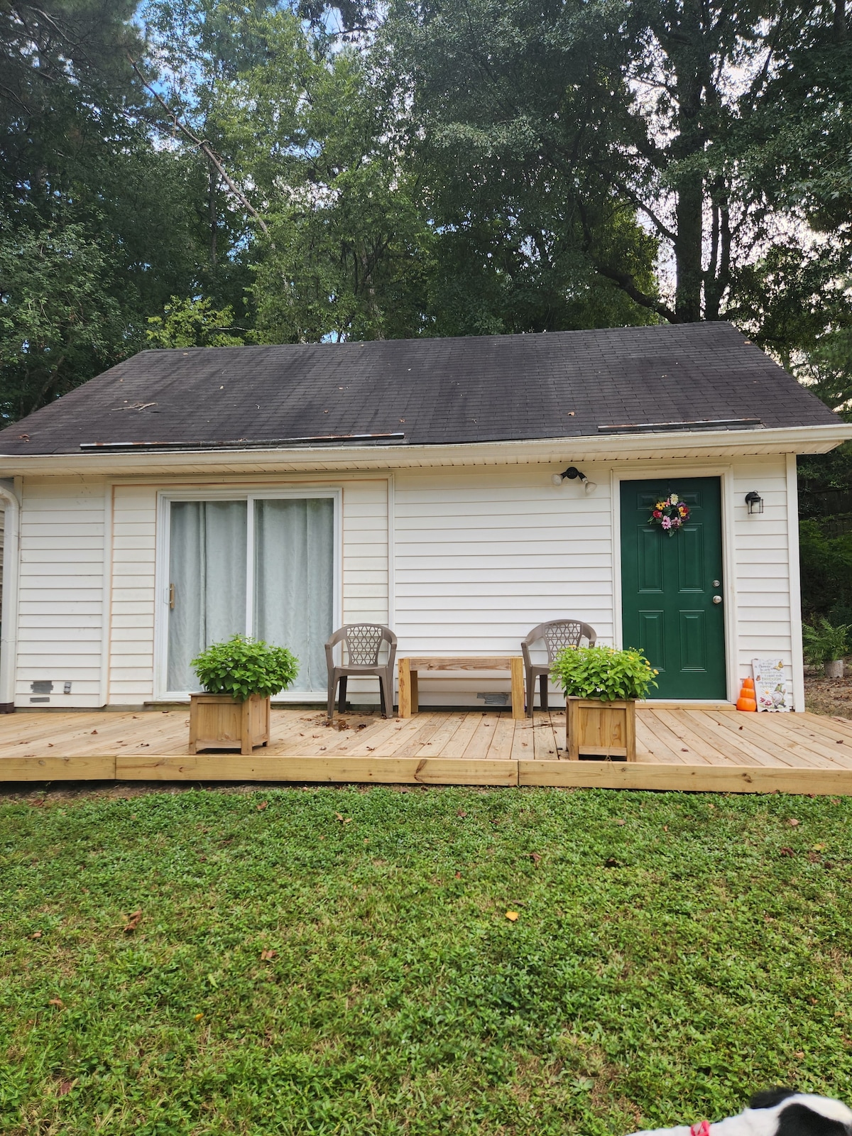 The exterior of the apartment features a wooden deck with two planters on either side, each filled with greenery. A petite seating area is visible, including two wicker chairs positioned at a small table. The entrance, highlighted by a green door, is flanked by a large window with sheer curtains.
