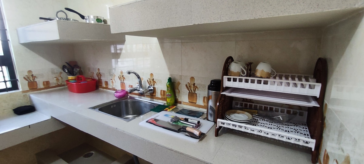 The kitchen space features a modern countertop with a double sink. A drying rack holds plates and cups, while cooking utensils and cleaning supplies are neatly arranged. The walls are adorned with simple artwork, complementing the functional layout.