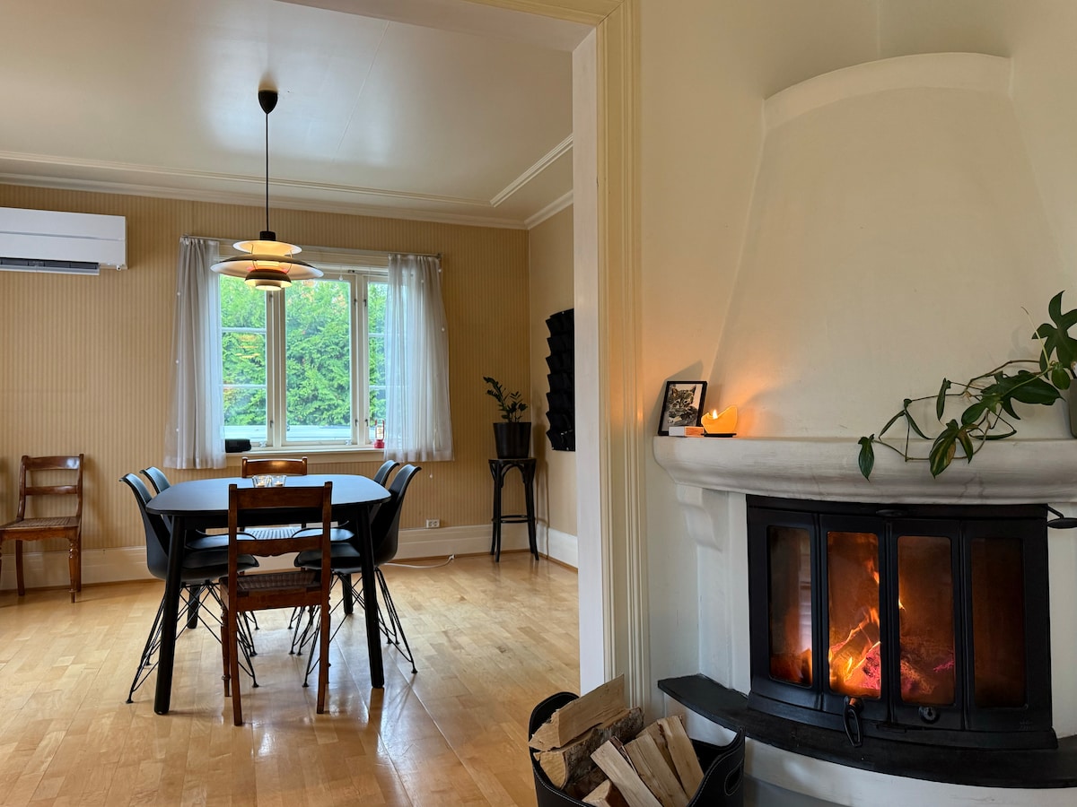 A dining area is presented with a large black table surrounded by wooden chairs. A subtle glow emanates from a fireplace, and a modern pendant light hangs above the table. A window offers views of greenery, while neutral walls enhance the warm ambiance.