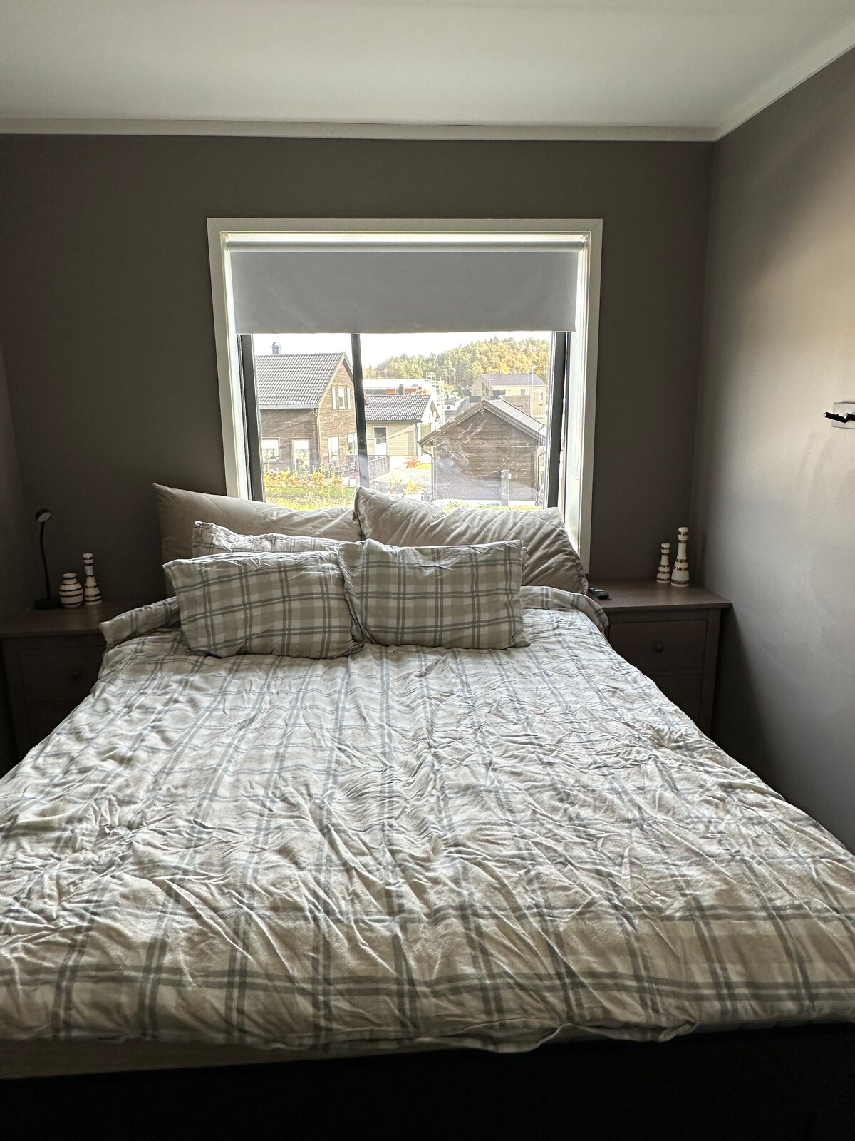 A cozy sleeping area features a spacious bed dressed in a plaid comforter, accompanied by decorative pillows. Natural light filters through a large window, illuminating the neutral-colored walls and providing a view of the neighborhood outside.