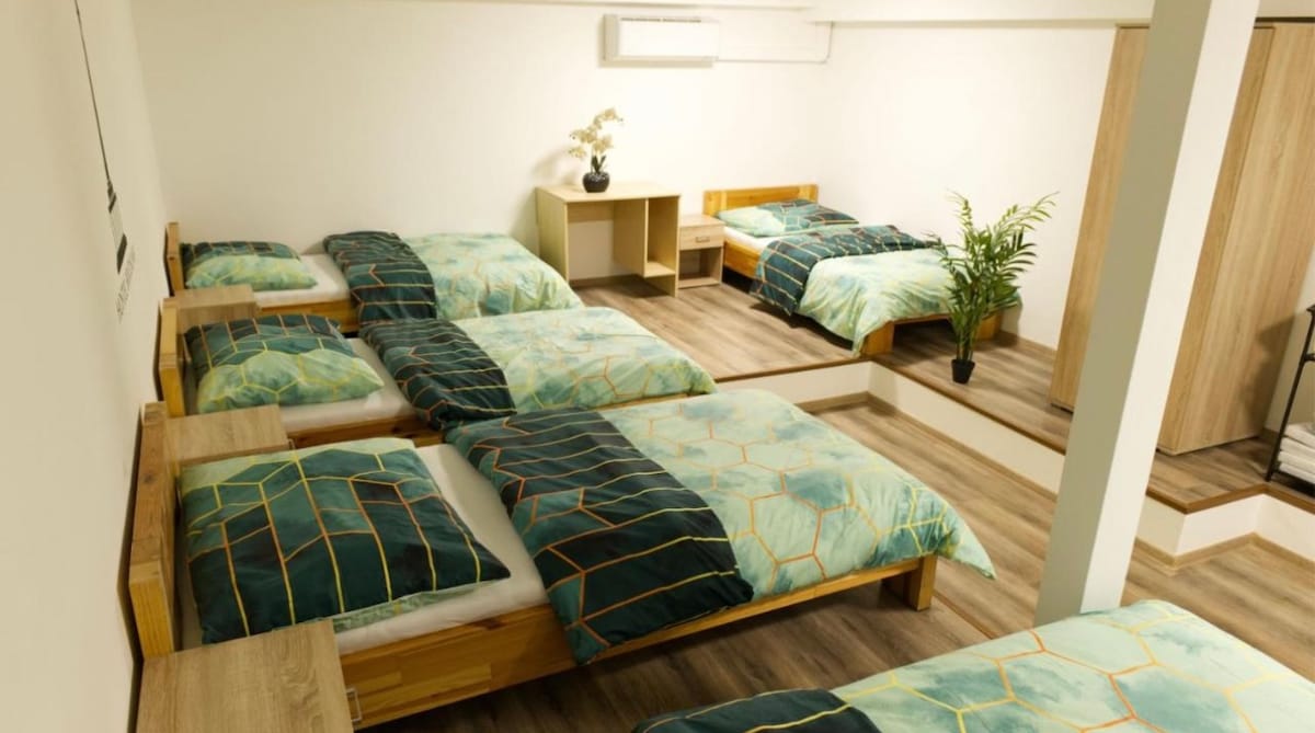 A spacious room is filled with several structured beds featuring turquoise and yellow bedding patterns. Wood accents create a warm environment, while a small table is positioned against the wall. A potted plant adds a touch of greenery to the setting.