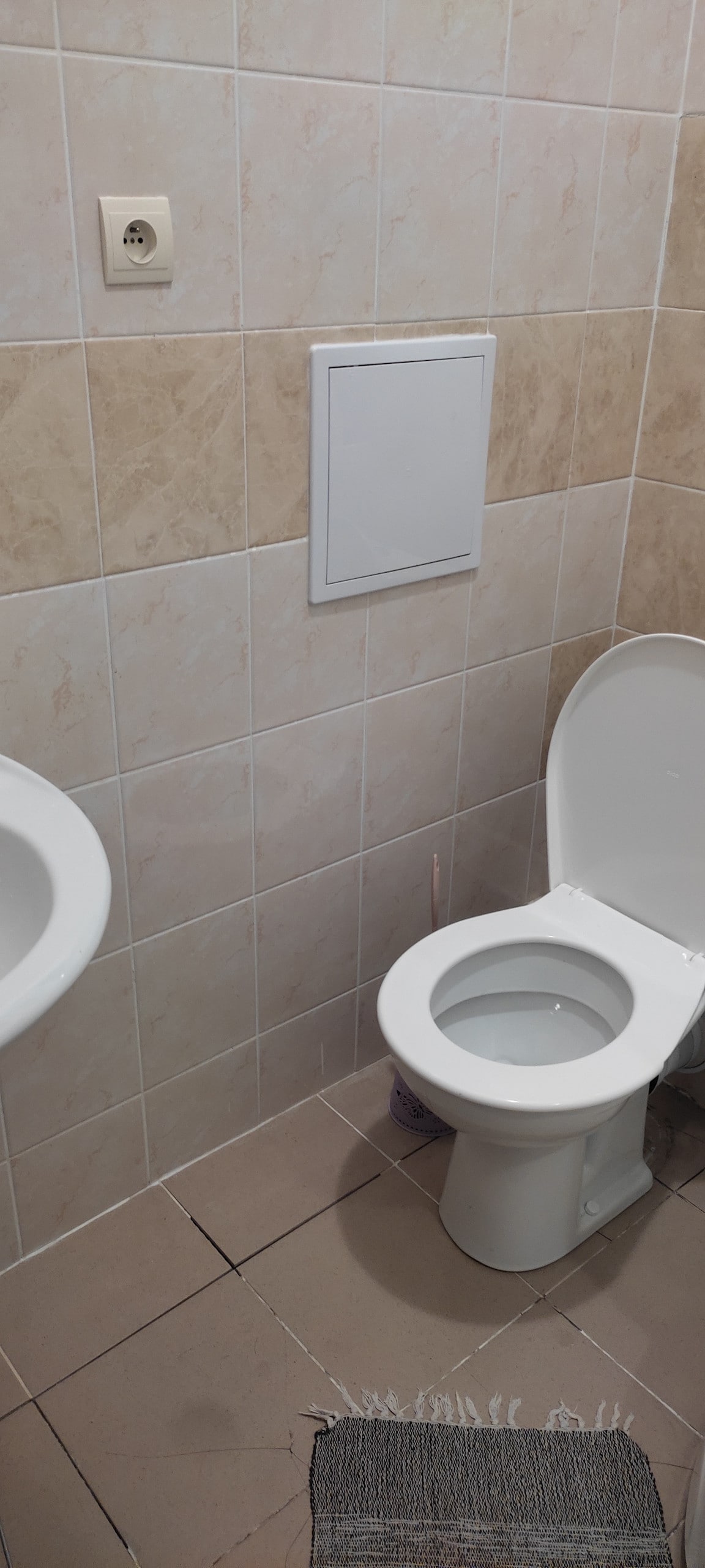 The bathroom features a white toilet and a wall-mounted washbasin. Light beige tiles cover the floor and walls, creating a clean and neutral environment. A minimal area rug is placed on the floor near the base of the toilet.
