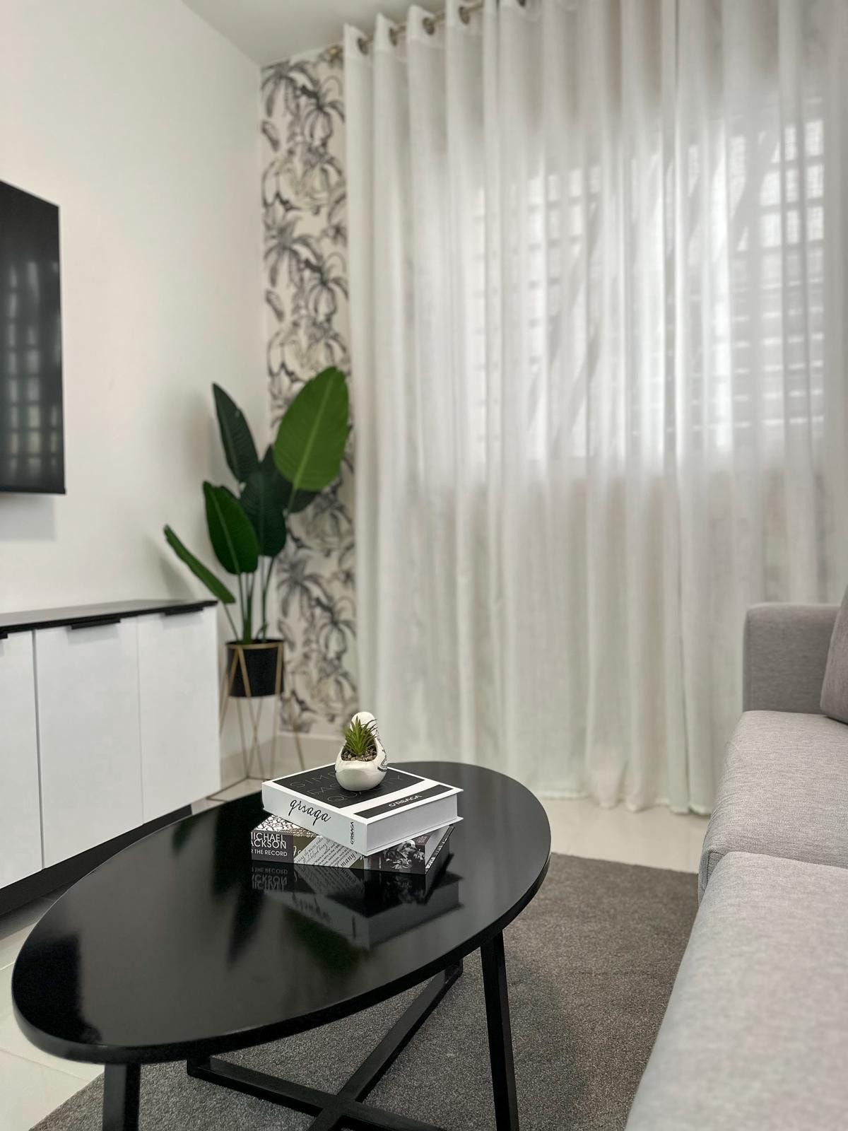 A modern living area features a light grey sofa situated beside a large window adorned with sheer white curtains. A black oval coffee table holds stacked books and a small decorative plant. A tall green plant stands in a black pot against a patterned accent wall.