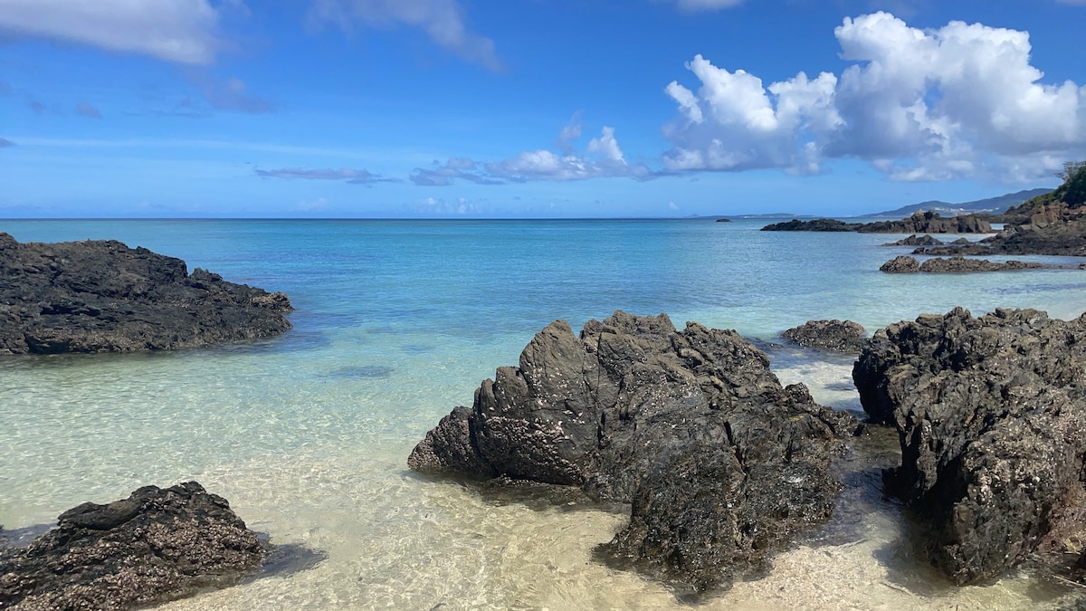 A serene beach scene is depicted, featuring clear, shallow waters that gently lap against dark rocks. The sky displays a mix of blue and white clouds, providing a bright backdrop to the tranquil ocean landscape.
