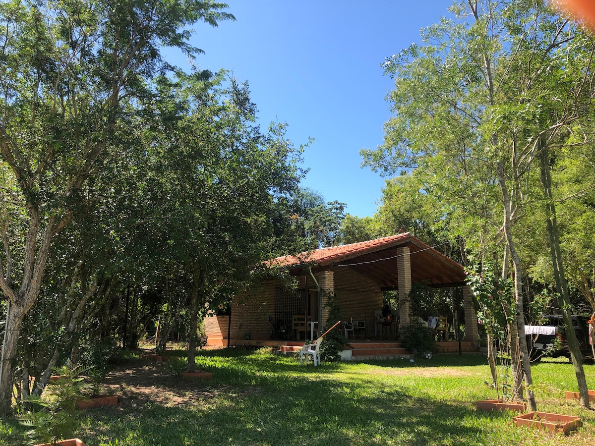 A single-story building is nestled among lush greenery, featuring a covered patio that extends outwards. An inviting outdoor space includes surrounding trees and well-maintained grass, providing a serene environment for relaxation. Natural light enhances the warm tones of the building's exterior.