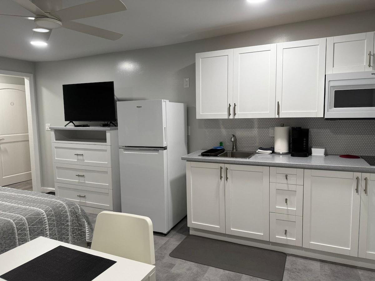 A well-equipped kitchenette is visible, featuring white cabinets and a compact countertop sink. A refrigerator and microwave are included. A flat-screen television is mounted above a dresser, with a table and chairs positioned nearby. Light-colored walls enhance the space's bright and functional atmosphere.