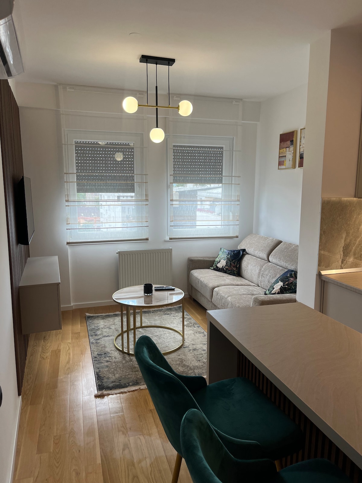 A modern living area features a light-colored sofa paired with a round coffee table. Two green chairs are positioned at a sleek kitchen bar. Natural light enters through two windows, softly illuminating the space, while a decorative rug adds warmth to the wooden flooring.
