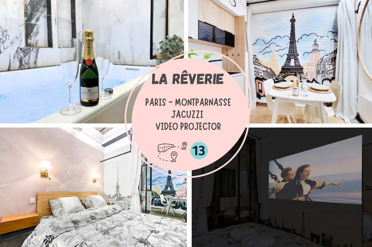 A welcoming space is presented with a cozy sleeping area featuring a spacious bed adorned with neutral bedding. A video projector is positioned above the bed, ready for use. The room is brightened by stylized Parisian artwork on the walls, creating a relaxed ambiance.
