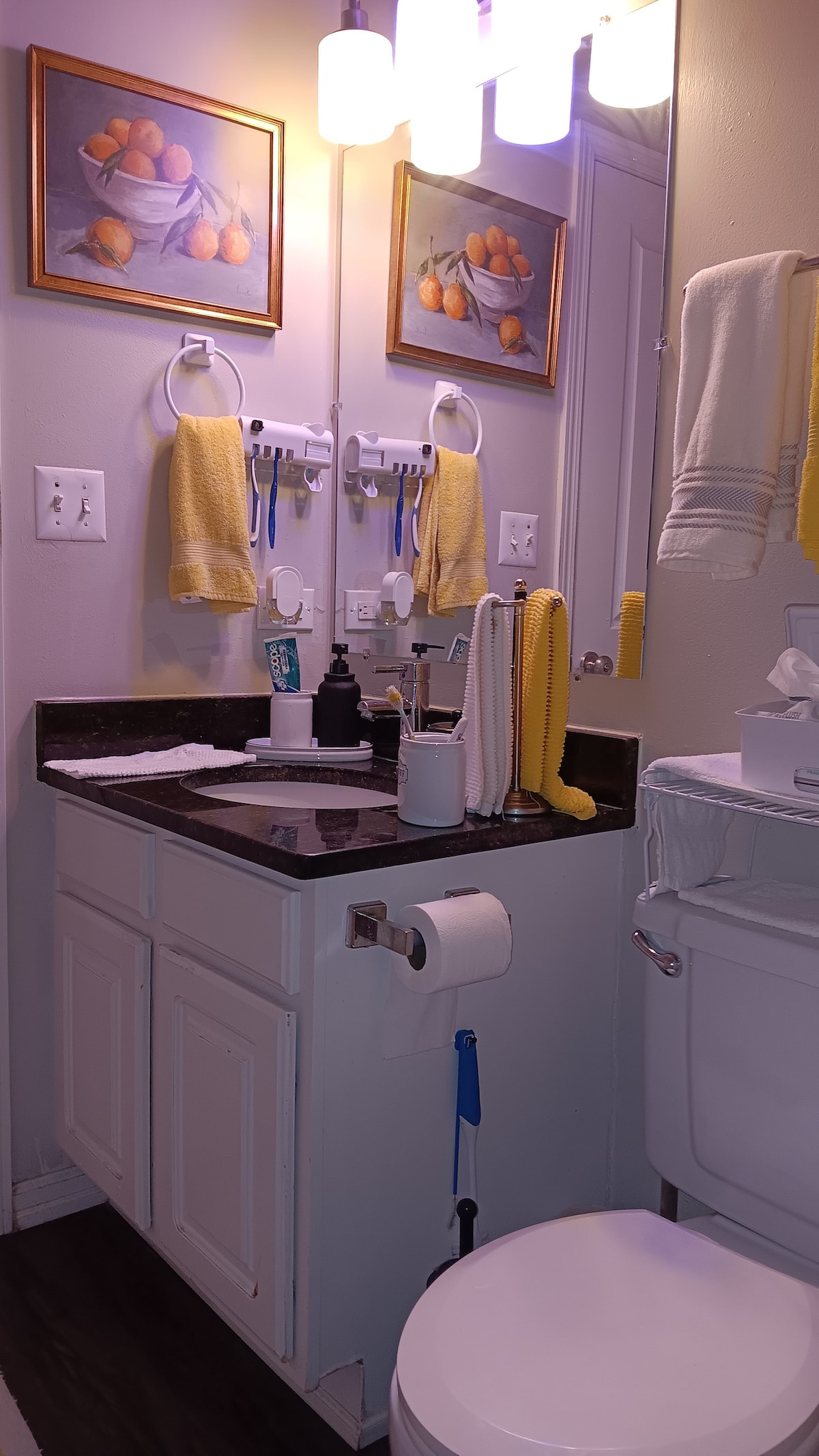 A well-organized bathroom features a countertop with essential toiletries and decorative items. Two framed lemon-themed artworks enhance the space, alongside bright yellow towels hung on rings. The clean white cabinetry and soft overhead lighting create a functional and inviting environment.