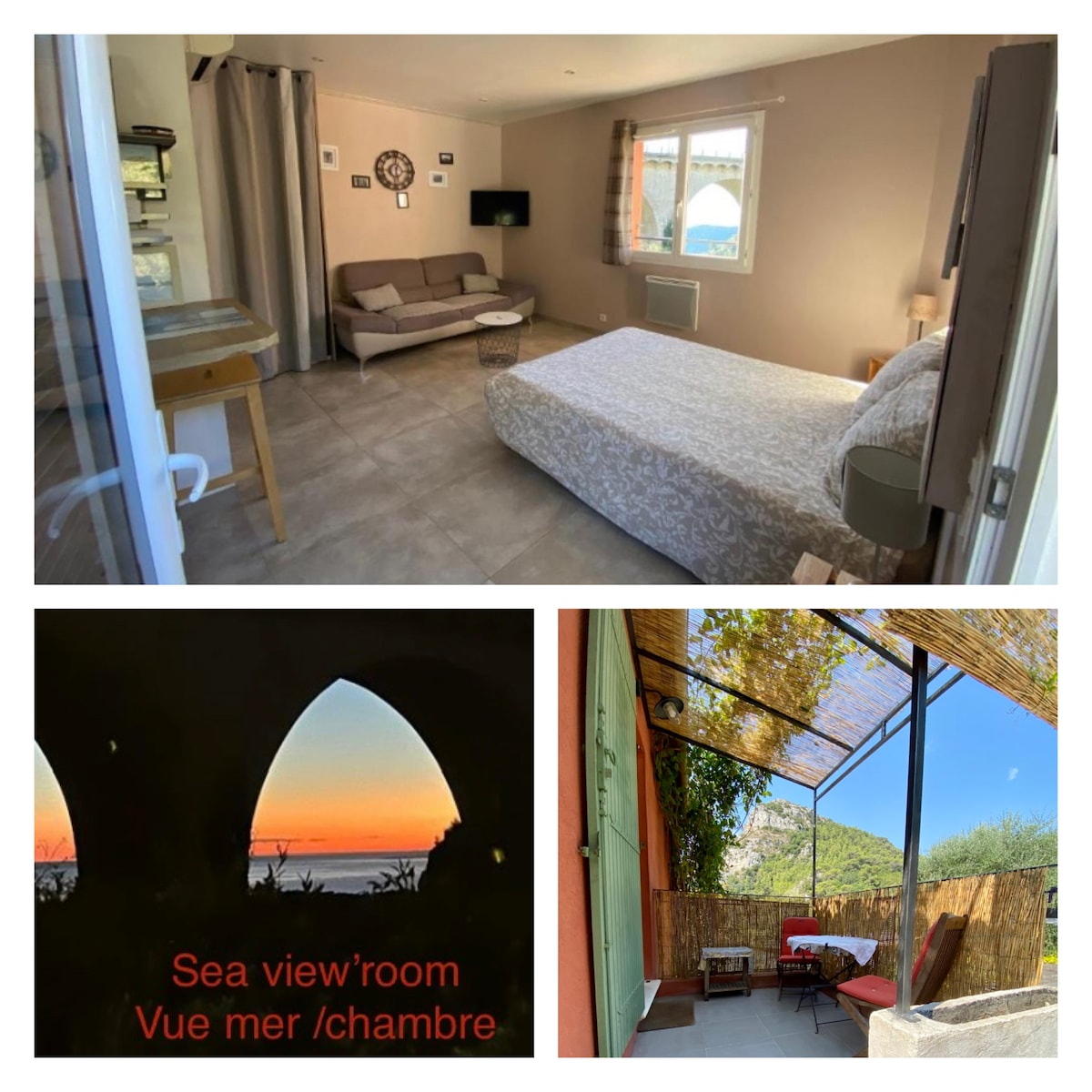 The spacious studio features a comfortable seating area with a sofa and a flat-screen TV. A large bed is positioned near the window, allowing for ample natural light. The terrace offers a seating arrangement with views of surroundings, enhancing outdoor relaxation.