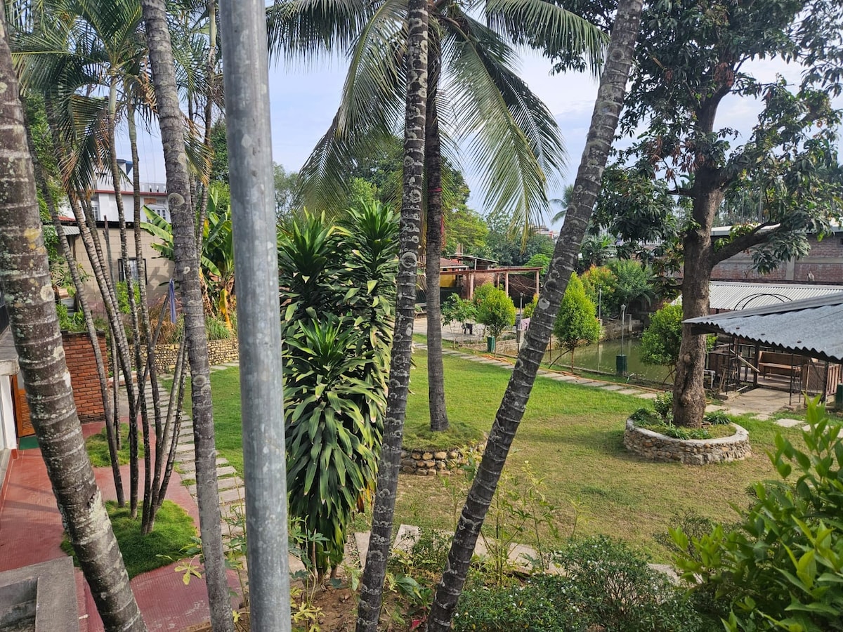A landscaped garden is visible, featuring a variety of trees, including tall palms and lush greenery. Pathways meander through the yard, leading to open spaces. Seating areas can be seen, providing a serene environment for relaxation and leisure.