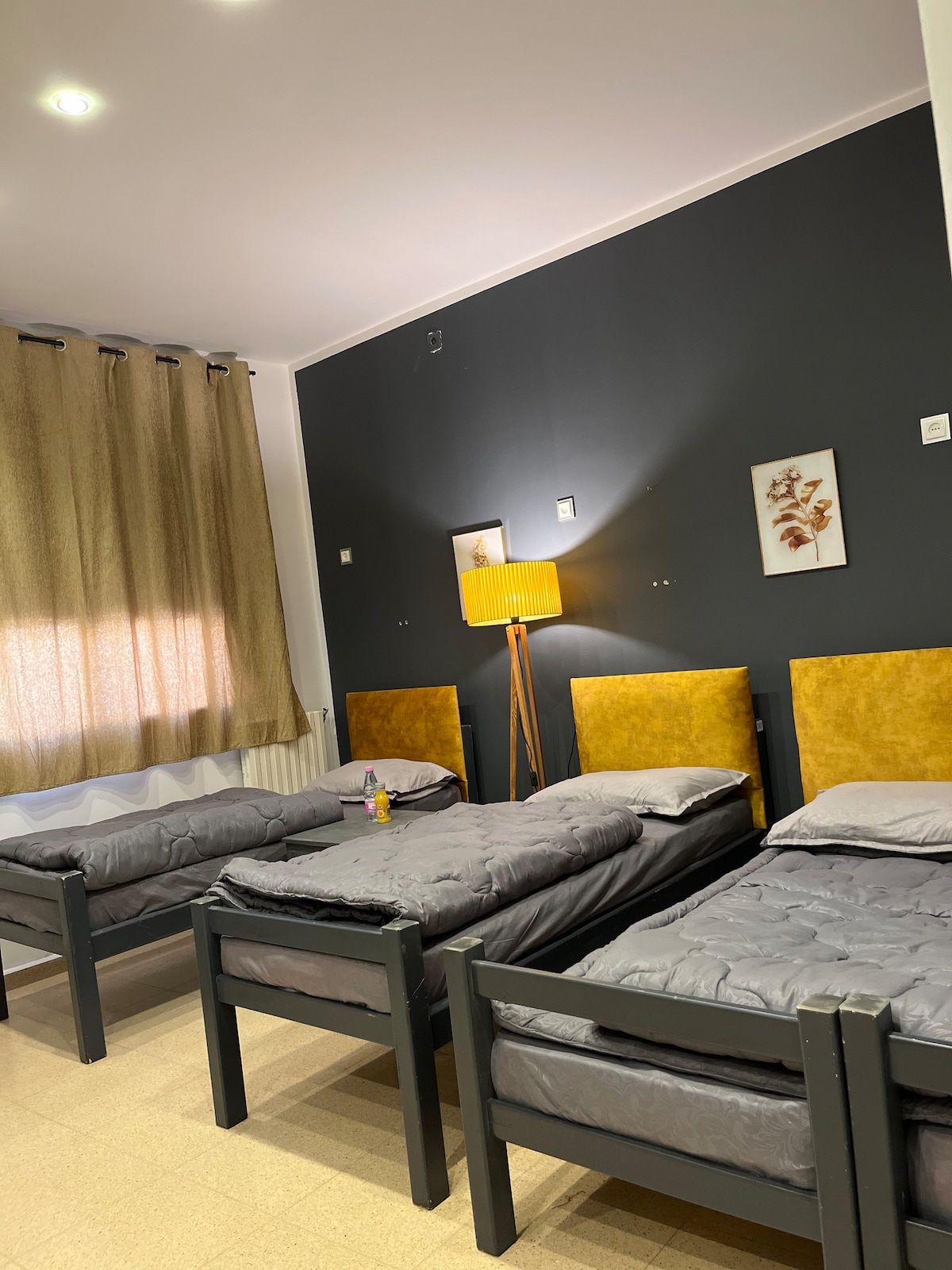 A cozy room features three spaced beds with gray bedding against a dark wall. A wooden floor lamp stands beside the beds, providing soft lighting. Sheer curtains allow natural light to fill the room, complemented by framed artwork on the walls.