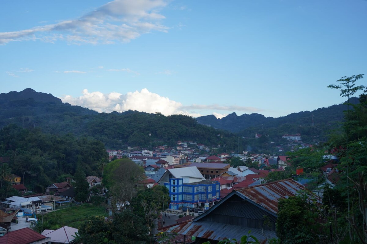 A panoramic view showcases the picturesque landscape of Makale, with a mix of traditional and modern buildings nestled within lush greenery. Majestic mountains rise in the background, and clouds drift across a clear blue sky, offering a serene and vibrant urban atmosphere.