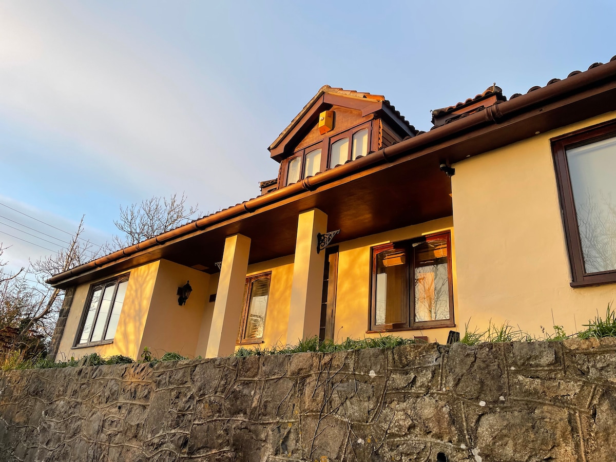 The house is viewed from a slight distance, showcasing its warm yellow exterior and distinctive roofline. Large windows allow for ample natural light, while a stone wall surrounds the property, enhancing its presence amid surrounding greenery and a clear sky.