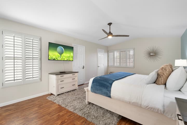 Master bedroom with 50 inch smart TV with access to streaming.