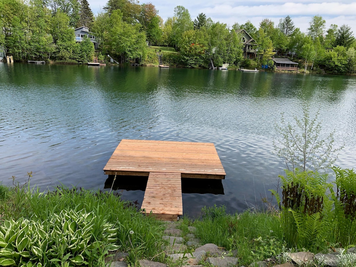 A wooden dock extends into a calm, green-tinted lake, surrounded by lush greenery. Trees line the water's edge, and a few houses can be seen in the distance, creating a serene natural setting. The area is perfect for outdoor relaxation.