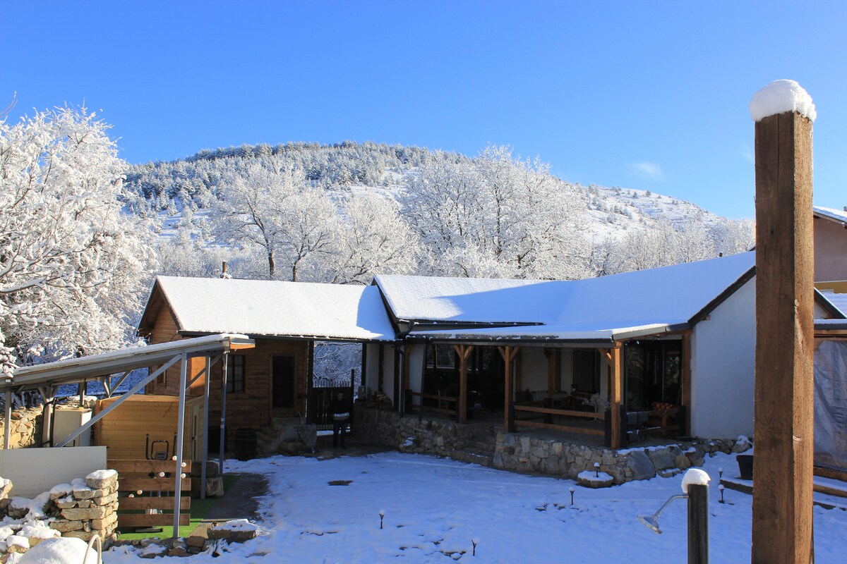 A cozy residence is surrounded by a winter landscape, with snow covering the roof and ground. The architecture features wooden beams and a welcoming porch. Frosted trees and a hillside enhance the serene outdoor setting under a clear blue sky.